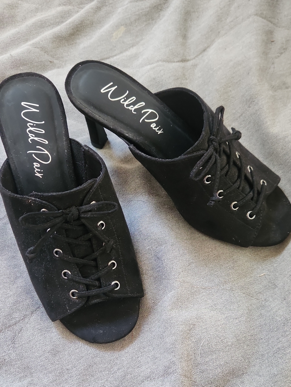 Wild Pair Black Lace-Up Peep Toe Mules